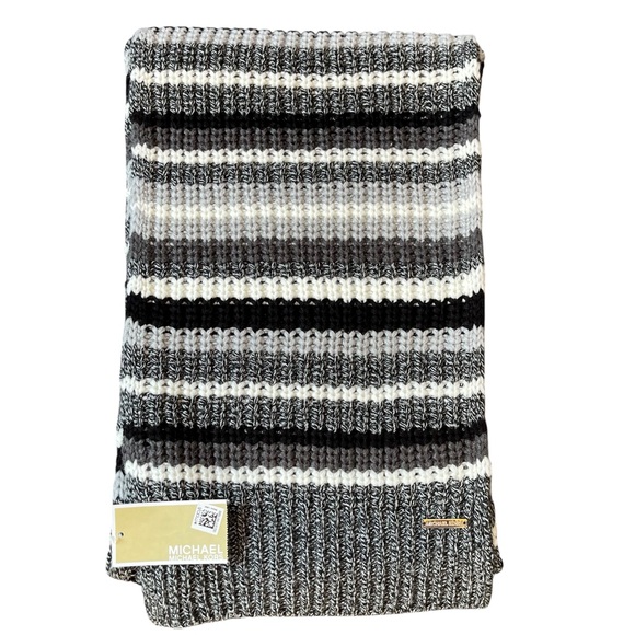 Michael Kors Accessories - Michael Kors Monochrome Gray White Black Stripped Knit Long Scarf NWT
